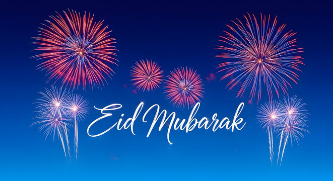 Vibrant fireworks display with eid mubarak text on a blue gradient background.