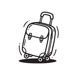 Hand drawn black and white line art illustration of a travel suitcase with wheels. Perfect for vacation, tourism, and journey concepts in a minimalist doodle style. © nupixel