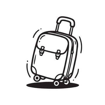 Hand drawn black and white line art illustration of a travel suitcase with wheels. Perfect for vacation, tourism, and journey concepts in a minimalist doodle style.