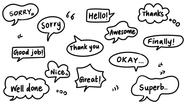 Hand-drawn speech bubbles with positive and apologetic messages: Hello, Thanks, Sorry, Great, Awesome, Superb, Well Done, Okay, Nice, Good Job, Finally. Transparent.