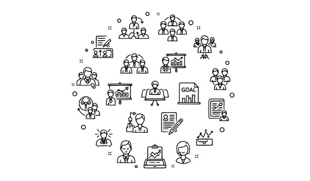 Modern circular business workshop line icons with teamwork coaching leadership and strategy concepts