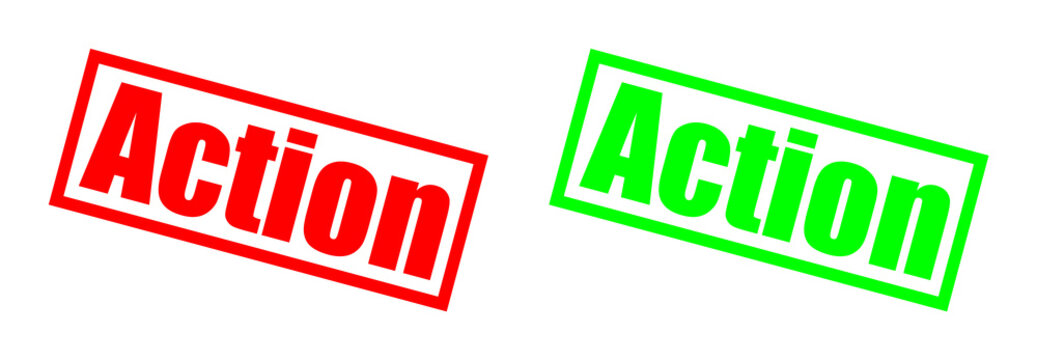 Two stamped words ACTION in red and green against a black background for concepts of approval or rejection