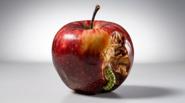 A single red apple with a bite taken out, revealing a small green worm inside.