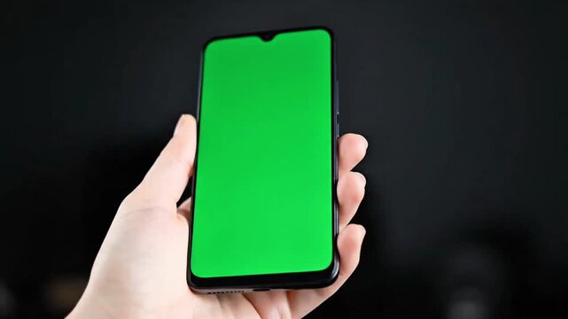 A hand holding a smartphone with a green screen in front of a dark background for video content