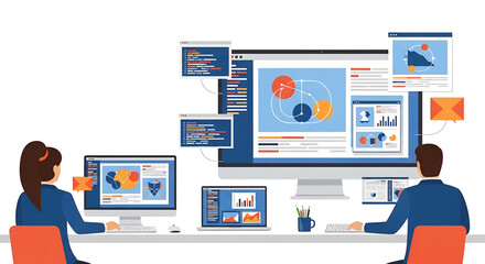 Fototapeta premium Illustrating the user interface design process with two people collaborating on computers and monitors showing wireframes and mockups