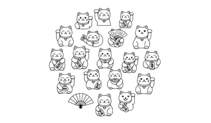 Fototapeta premium Modern circular maneki neko line icons with lucky cat mascot and Japanese culture symbols in minimal style