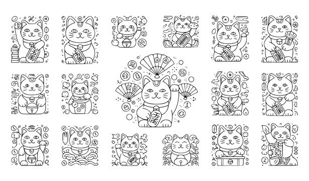 Geometric maneki neko outline collection with lucky cat mascots and Japanese cultural symbols for web design