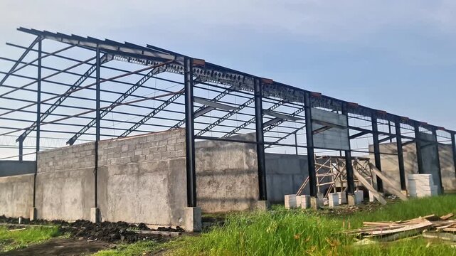 Modern Industrial Building Construction with Steel Frame and Lightweight Concrete Blocks