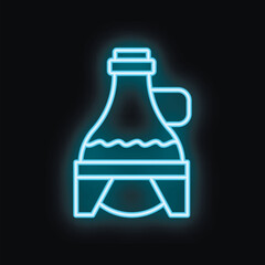 Naklejka premium Blue neon glowing outline of traditional bottle of wine on wooden stand on black background