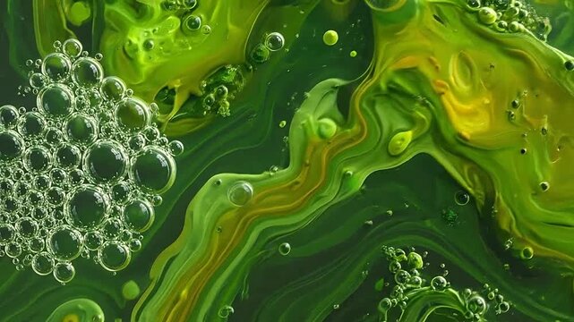 Abstract green and yellow liquid art with bubbles and swirling patterns for background use