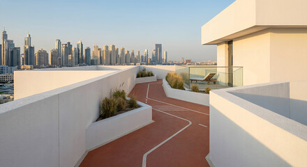 Obraz premium A rooftop running track with a view of the Dubai skyline at sunset.