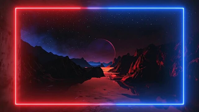 Abstract neon lights frame a scenic landscape with a planet and mountains in the distance