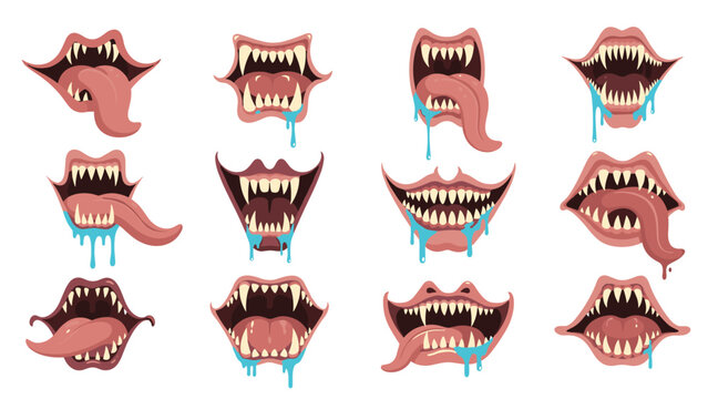 Set of scary monster mouths with sharp vampire fangs and long tongues dripping with blue slime for halloween or horror character design.