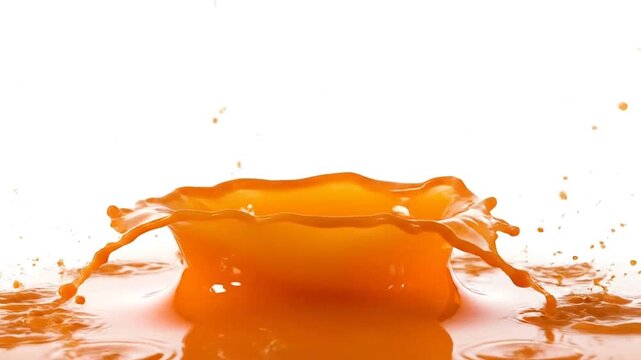 A vibrant splash of orange liquid creating a beautiful crown shape against a white background