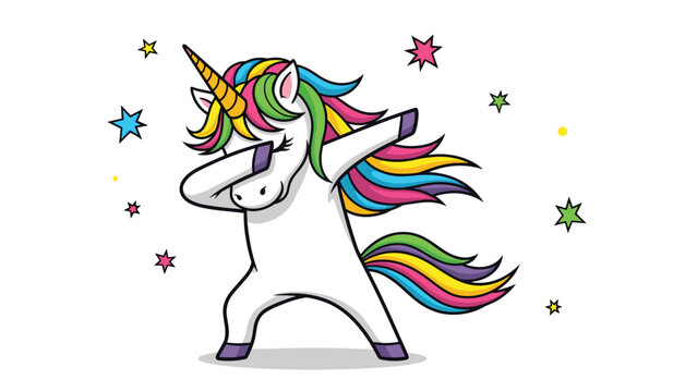 Cute white unicorn performing a dabbing dance move with its colorful rainbow mane and tail surrounded by bright stars and sparkles.