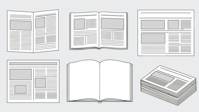 Collection of simple black and white line icons representing various newspaper and magazine layouts and stacks.