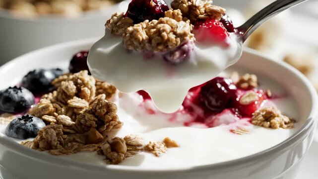 Close-up of a Spoon Scooping Yogurt Parfait with Granola and Fresh Berries