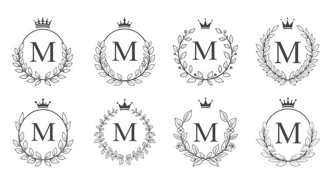 Set of elegant floral laurel wreaths with the letter M and different royal crown designs for luxury branding and heraldic identity.