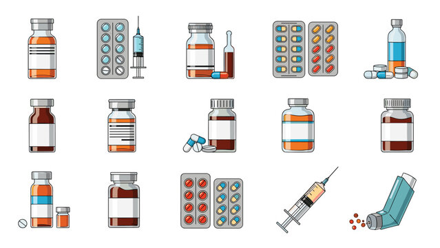 Comprehensive set of medical items including pill bottles, blister packs, syringes, vials, capsules, and an asthma inhaler for healthcare use.