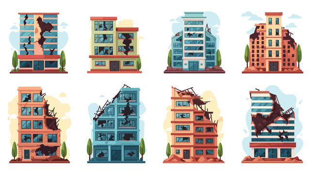 Various ruined and destroyed urban buildings showing damage from war or natural disasters isolated on a plain background.