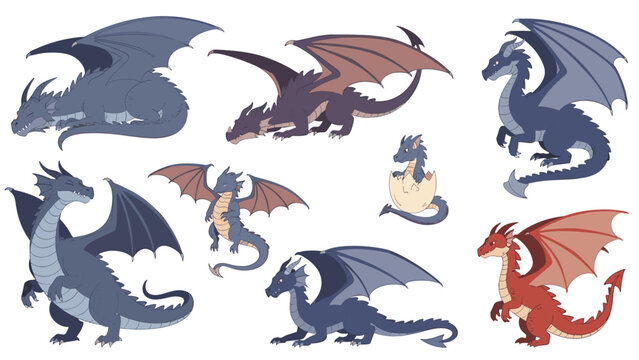 Fantasy collection of various dragon characters in different colors and poses including flying, sitting, and hatching from an egg.