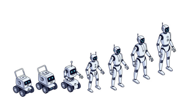 Isometric diagram showing the evolution stages of a robot from a simple wheeled machine to an advanced humanoid.