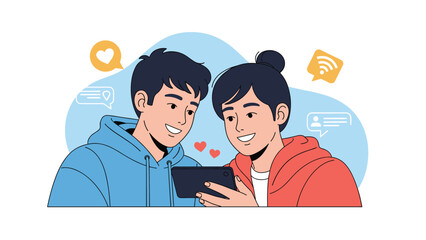 Fototapeta premium Young happy couple looking at a smartphone together with love heart and social media icons in the background.