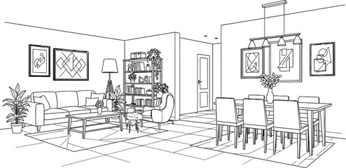 Architectural sketch of a cozy living room interior with bookshelves and wall art © freelancemoment