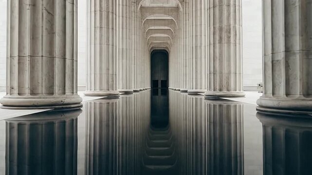 A long row of classical columns with reflections on a polished, dark surface