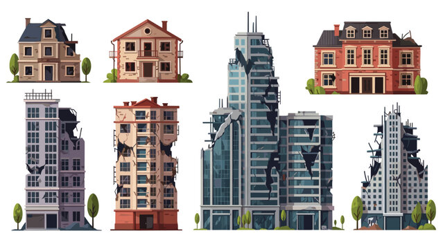 Collection of ruined residential and commercial buildings with visible damage from a catastrophe or disaster.