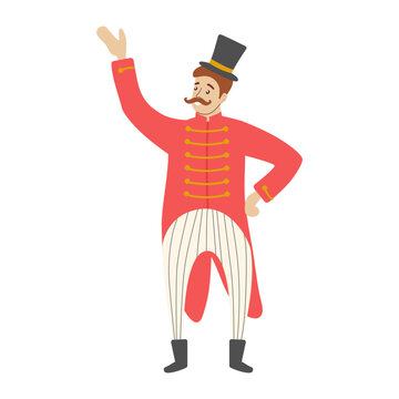 Professional circus announcer or ringmaster wearing a red tailcoat and black top hat. Flat vector illustration of a carnival presenter character isolated on white background.