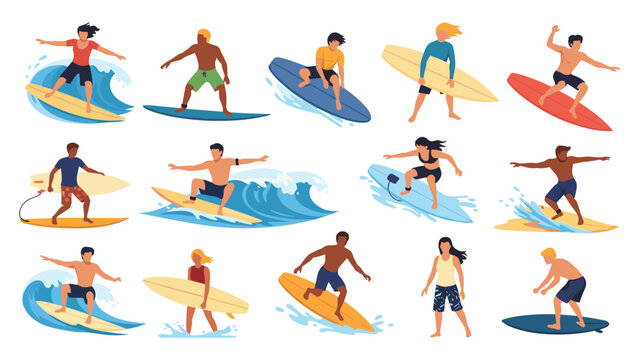 Set of diverse male and female surfers riding ocean waves in different poses in a flat vector style.