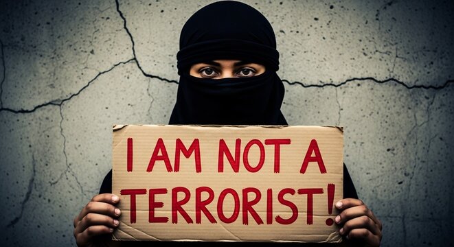 Woman in Niqab Holding Protest Sign Against Terrorism.