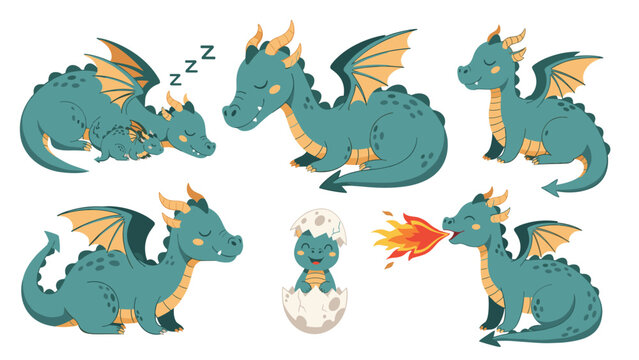 Adorable collection of green baby dragon characters in various poses including sleeping, fire breathing, and hatching from an egg.