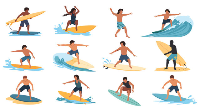 Illustration set of surfers in diverse poses riding waves or carrying their boards, capturing the spirit of ocean sports.