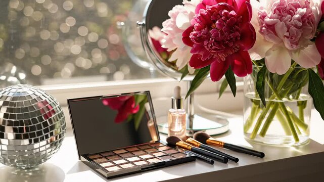 Glamorous Makeup Vanity With Peonies, Disco Ball, and Eye Shadow Palette