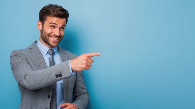 Confident businessman pointing with surprised gesture on blue background, male portrait in gray suit and tie, smiling happy professional office studio scene with advertising copy space