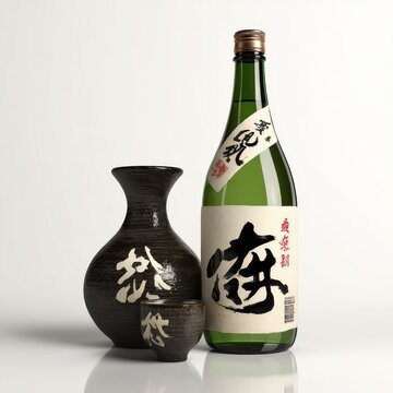 Japanese Sake Bottle and Traditional Ceramic Cups on White Background with Soft Lighting