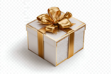 Obraz premium White gift box with gold ribbon and bow on top isolated on transparent background