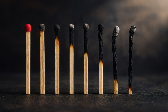 Progressive burnout concept with matches from unused to fully burned