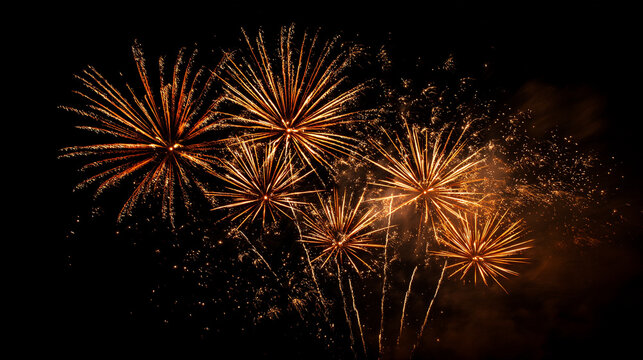 Brilliant gold fireworks explode in a dark night sky filling the frame with dazzling light