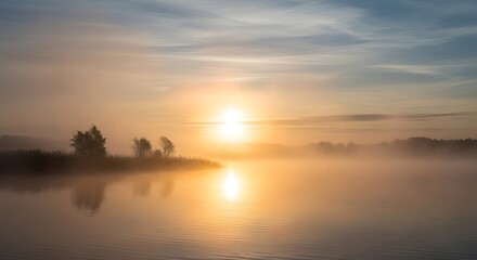 Fototapeta premium Misty Sunrise Over Water - A Serene Landscape Reflection.