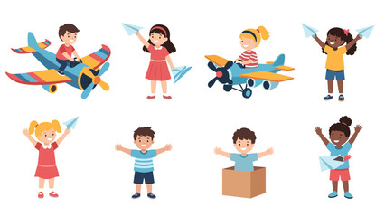 Fototapeta premium Group of happy children playing with paper planes and toy airplanes, showcasing imagination and childhood fun in flat style.