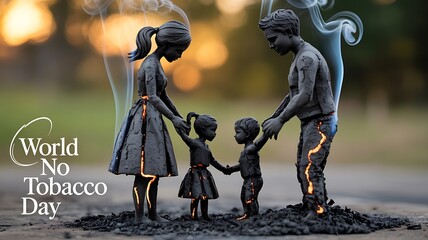 Obraz premium Family silhouettes made of ash holding hands with smoke symbolic concept showing smoking harm and fragile life