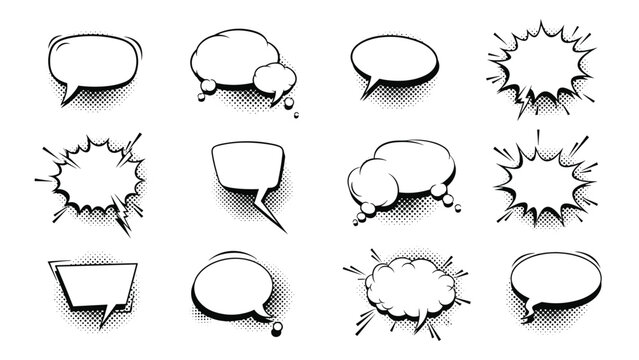Collection of comic book speech bubbles with halftone shadows and action shapes for graphic storytelling and pop art.