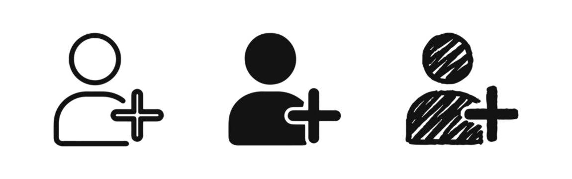 Add user person icon set with plus sign in outline solid and sketch styles