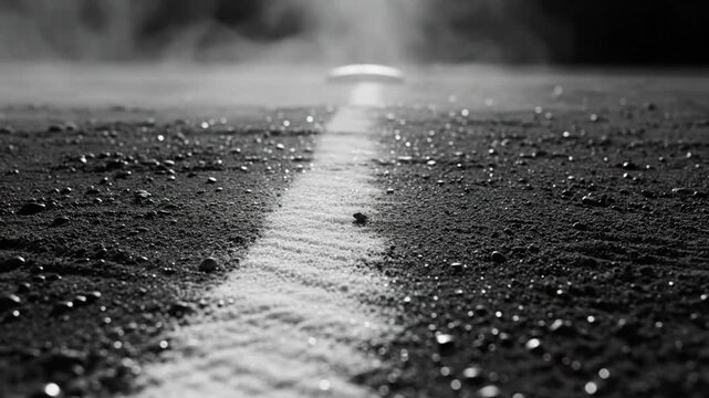 Low angle black and white shot of baseball field foul line leading to first base under a dramatic sky with light effects