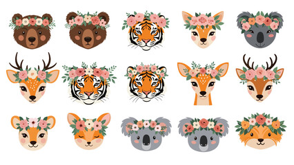 Obraz premium Set of adorable animal faces including bears, tigers, and deer wearing beautiful flower crowns is designed in a soft pastel style.