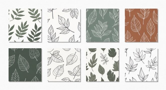 A set of eight square patterns featuring various shades of green and brown leaves, arranged in a 2x4 grid.