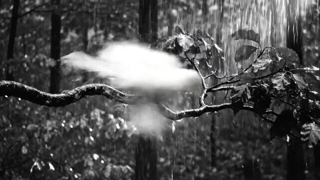 Black and white shot of a leucistic bird perched on a branch during a rainstorm in the forest
